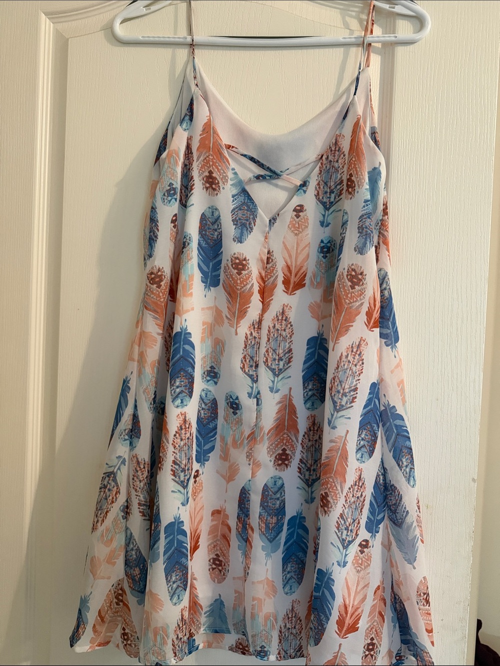 Girls' Feather Print Spaghetti Strap Dress in Blue & Peach